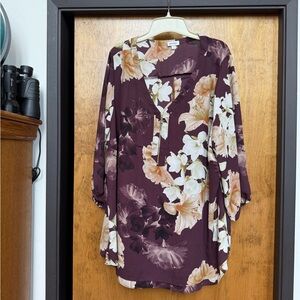 Avenue Burgundy Floral Tunic with Cream & Peach Blooms